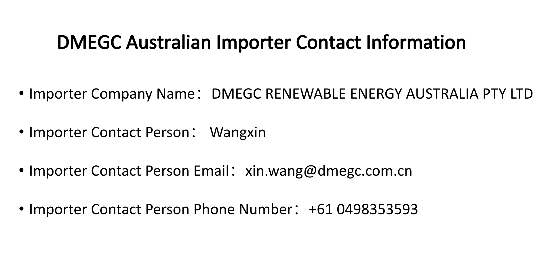 DMEGC Australian Importer Contact Information