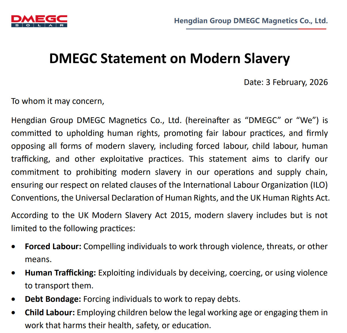 Statement on Modern Slavery DMEGC Solar VI0203